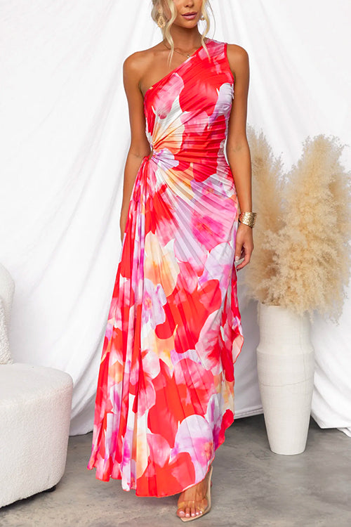 Kelsey - Flowers Print One-Shoulder Dress